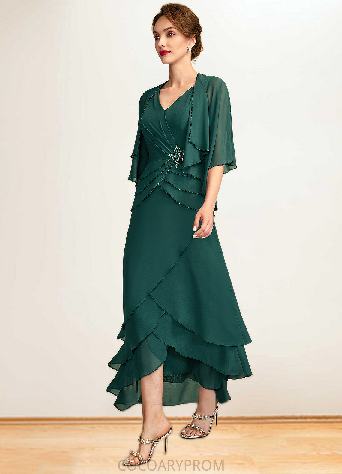 Setlla A-Line V-neck Asymmetrical Chiffon Mother of the Bride Dress With Beading Sequins Cascading Ruffles DA8126P0015005