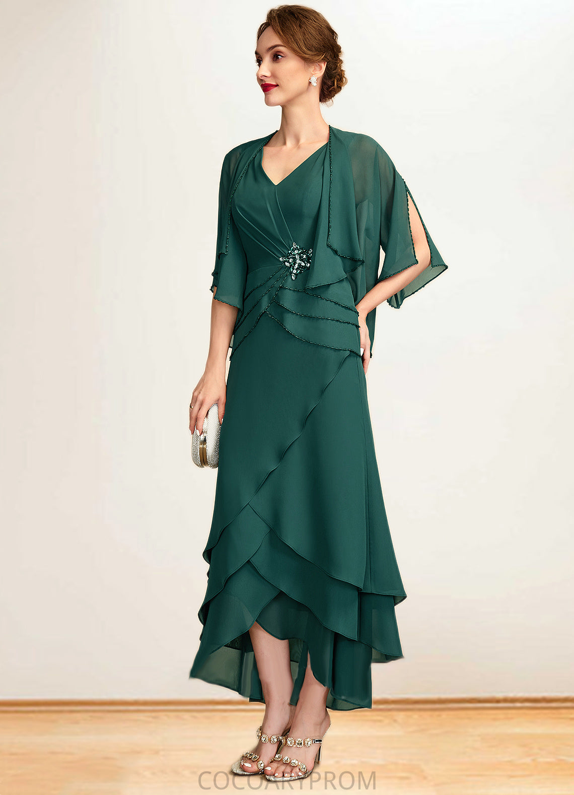 Setlla A-Line V-neck Asymmetrical Chiffon Mother of the Bride Dress With Beading Sequins Cascading Ruffles DA8126P0015005