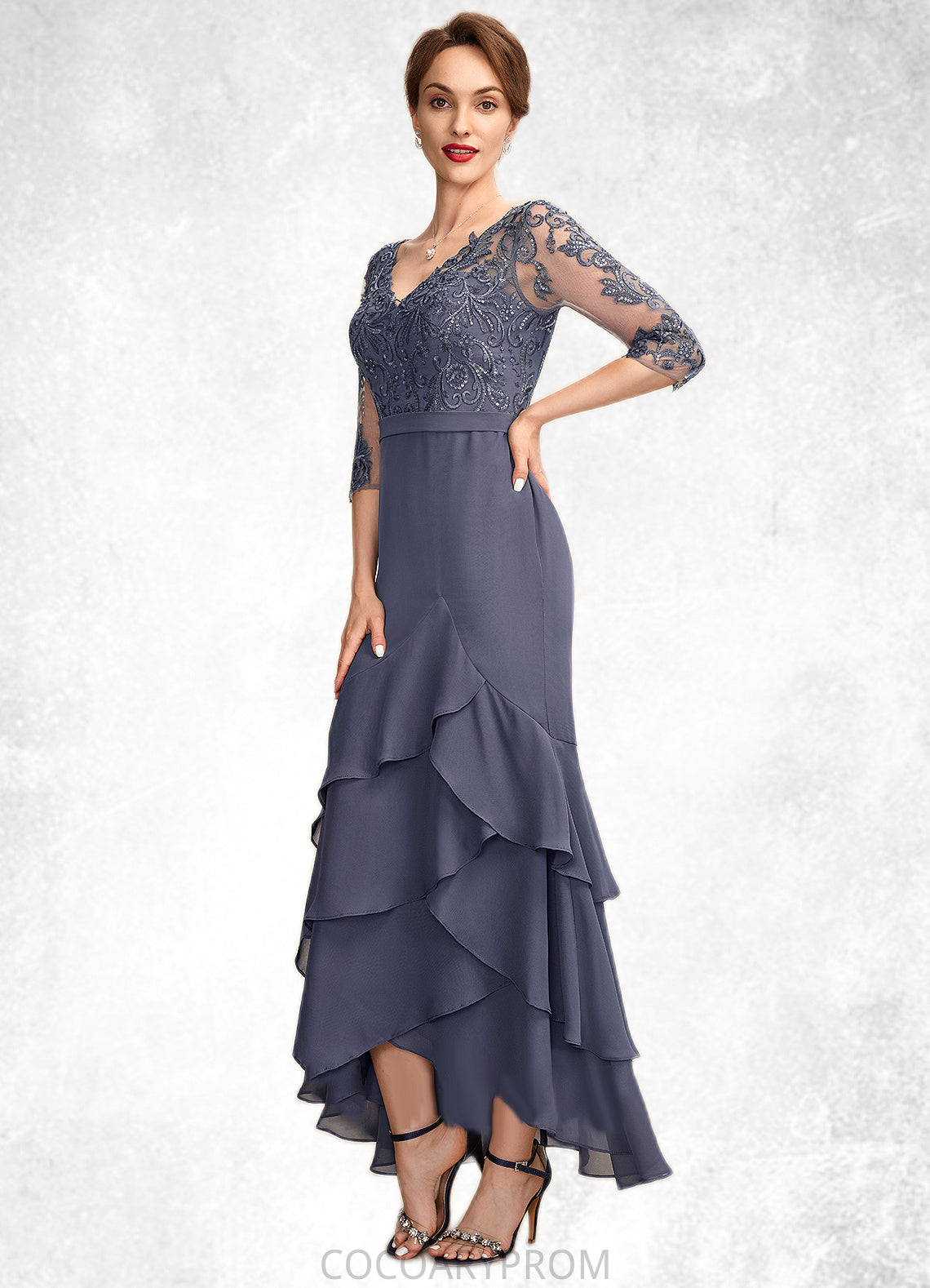 Evangeline Trumpet/Mermaid V-neck Asymmetrical Chiffon Lace Mother of the Bride Dress With Sequins Cascading Ruffles DA8126P0015007