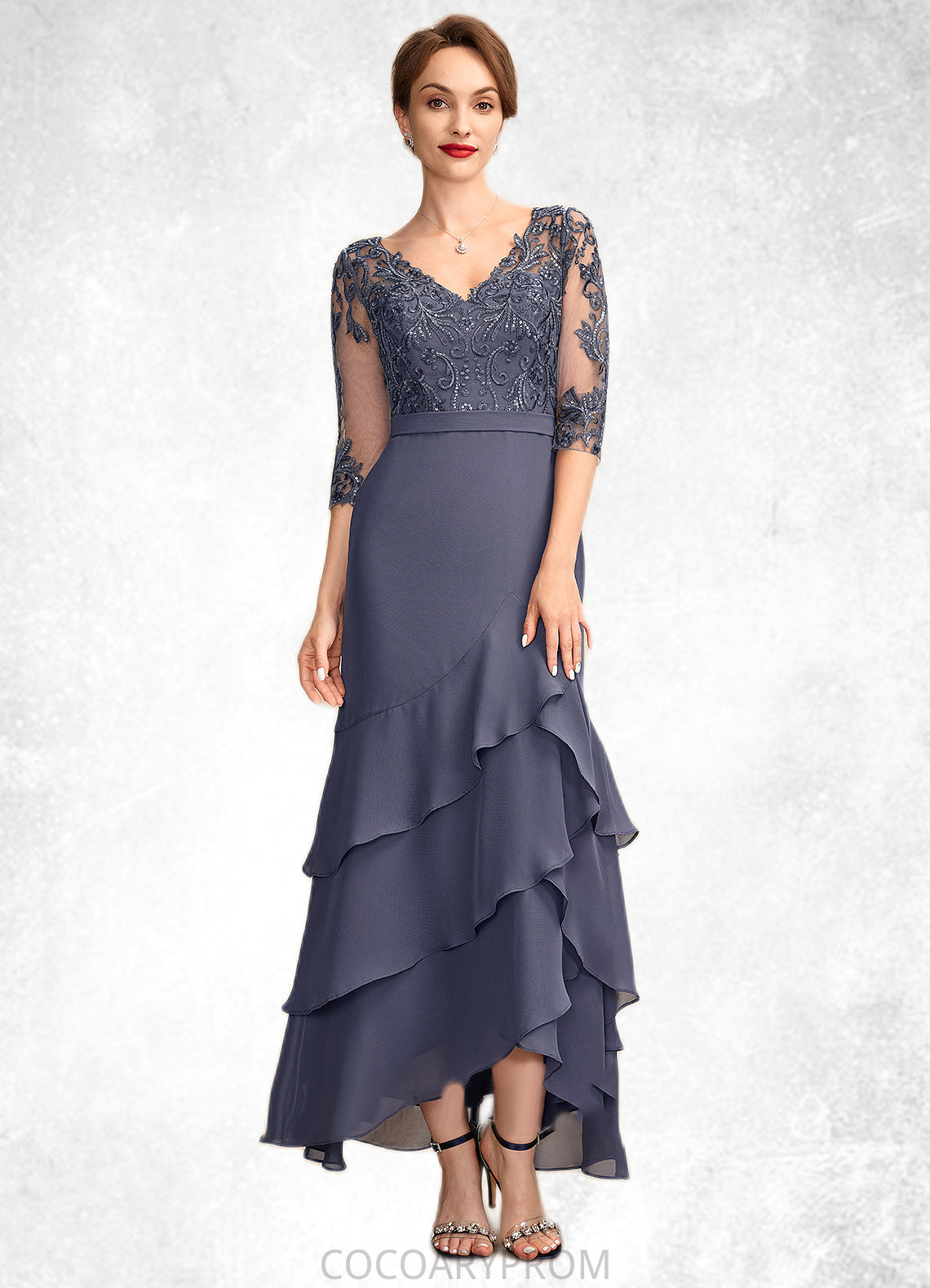 Evangeline Trumpet/Mermaid V-neck Asymmetrical Chiffon Lace Mother of the Bride Dress With Sequins Cascading Ruffles DA8126P0015007