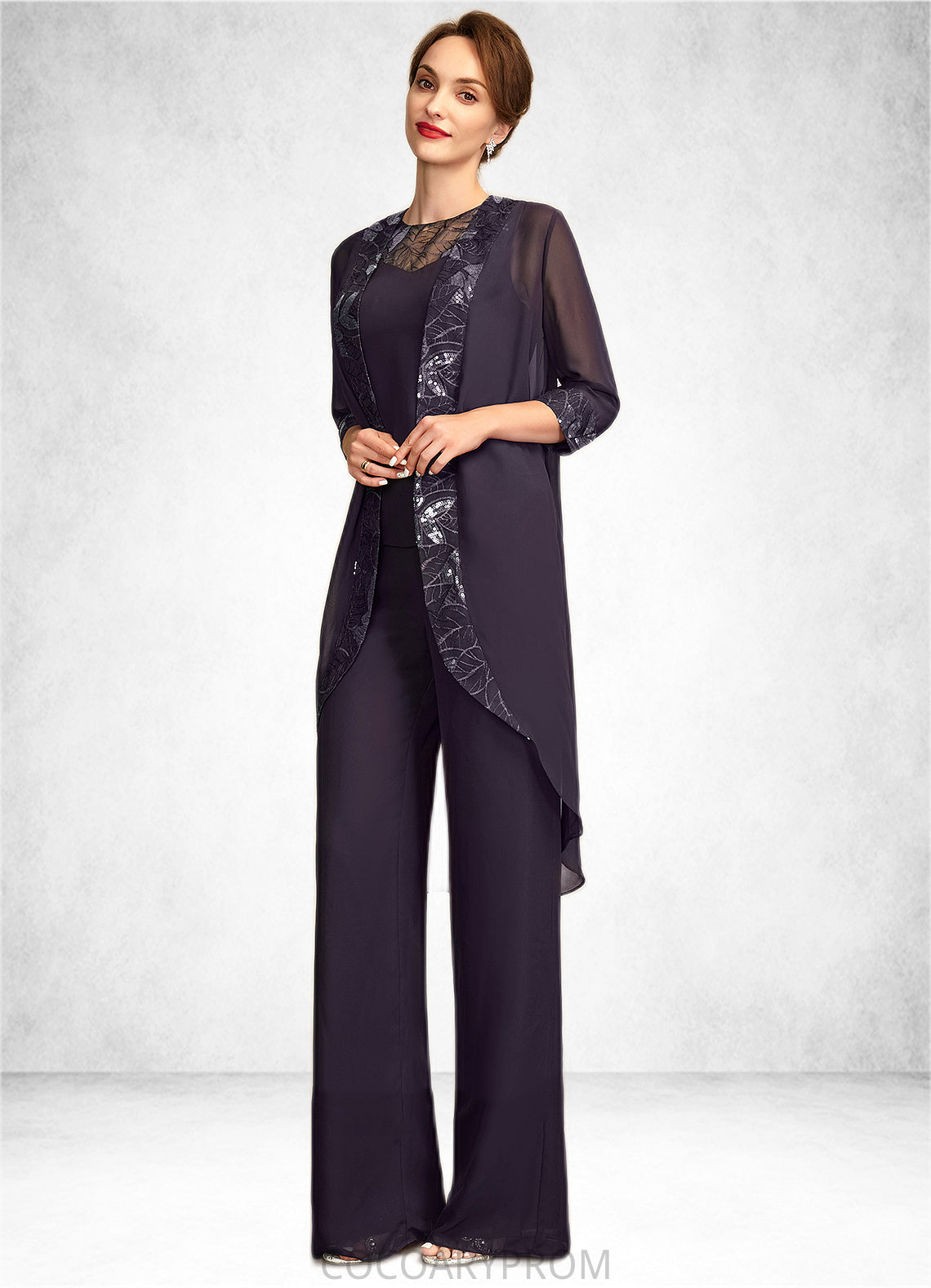 Jaiden Jumpsuit/Pantsuit Scoop Neck Floor-Length Chiffon Lace Mother of the Bride Dress With Sequins DA8126P0015010