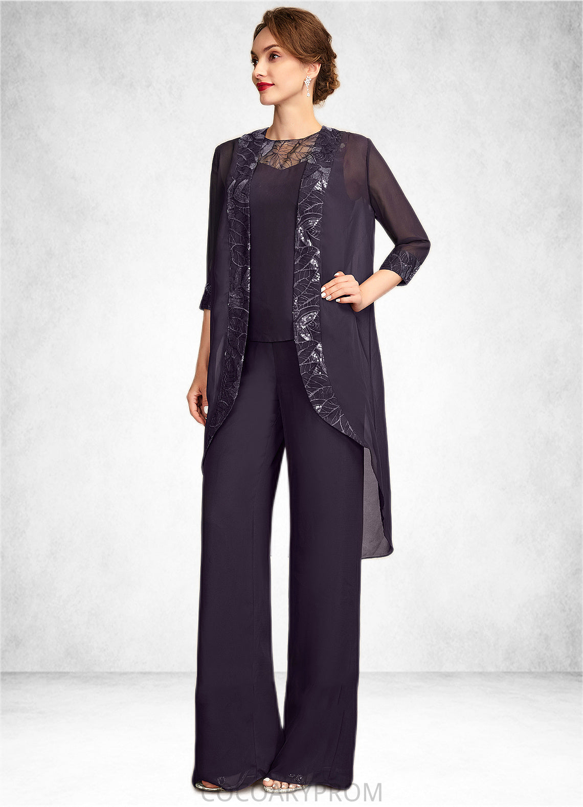 Jaiden Jumpsuit/Pantsuit Scoop Neck Floor-Length Chiffon Lace Mother of the Bride Dress With Sequins DA8126P0015010