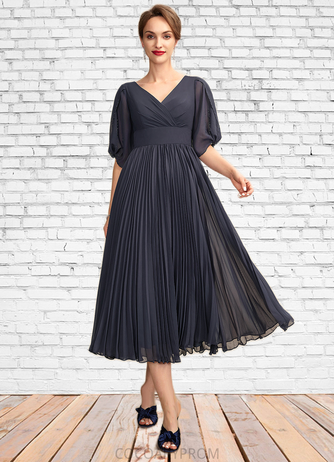 Nora A-Line V-neck Tea-Length Chiffon Mother of the Bride Dress With Pleated DA8126P0015012