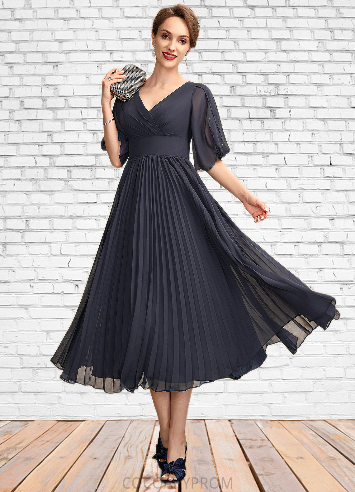 Nora A-Line V-neck Tea-Length Chiffon Mother of the Bride Dress With Pleated DA8126P0015012