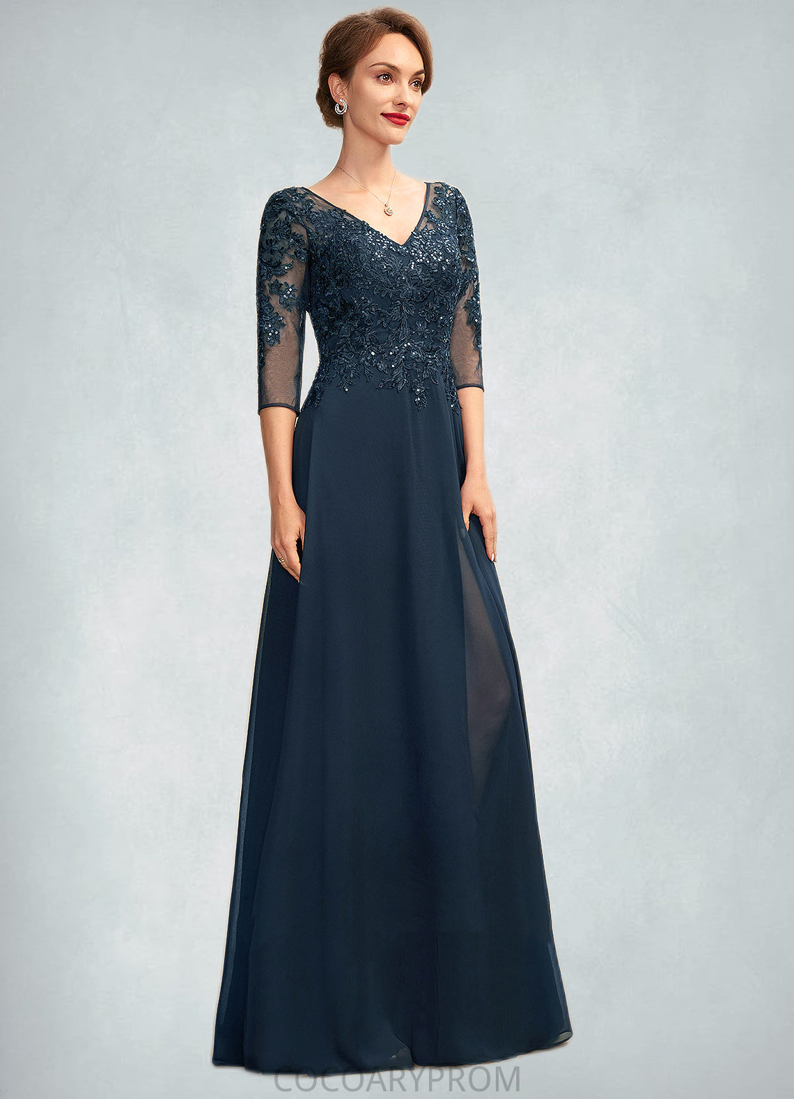 Robin A-Line V-neck Floor-Length Chiffon Lace Mother of the Bride Dress With Sequins Split Front DA8126P0015014