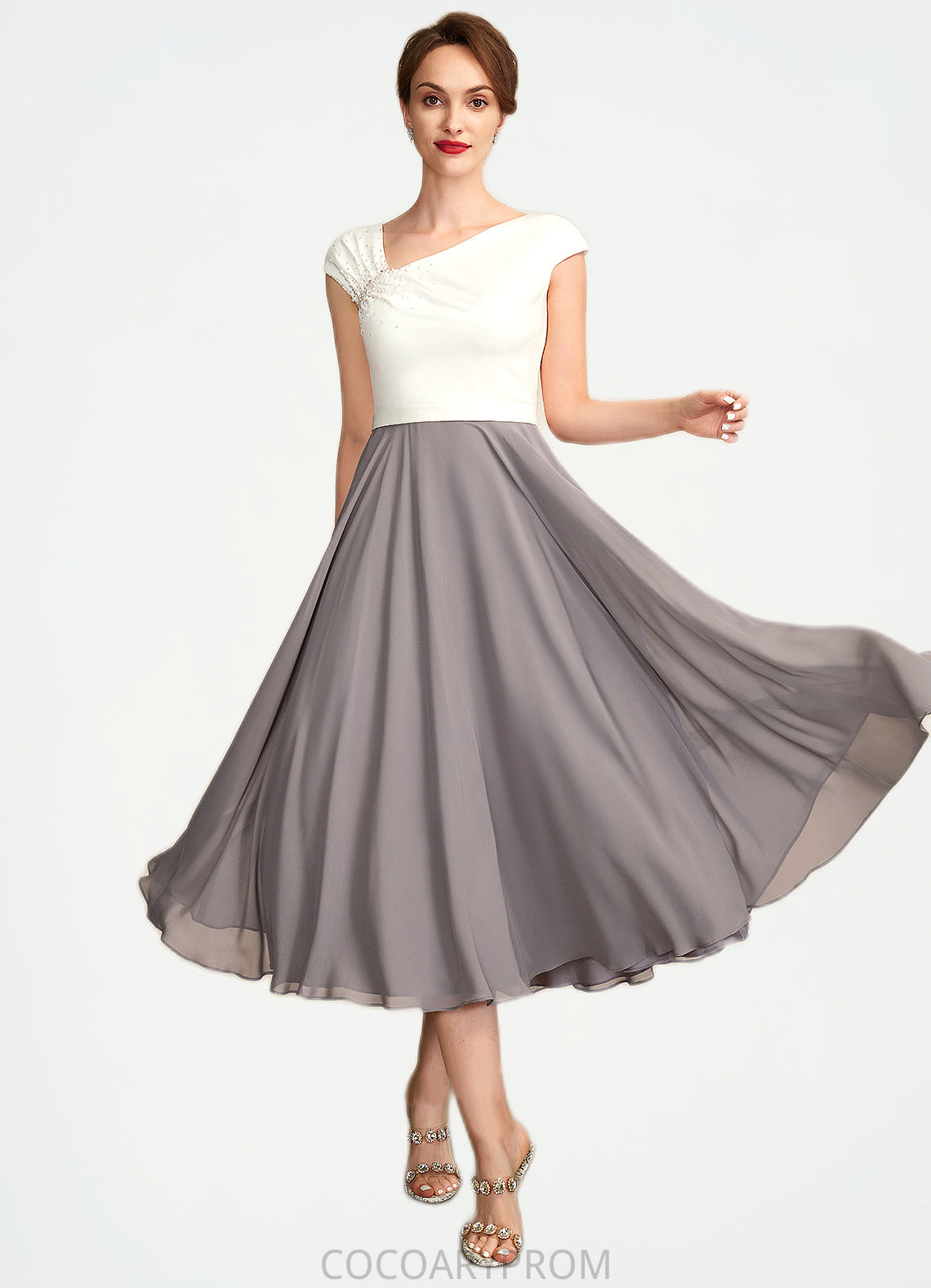 Aria A-Line V-neck Tea-Length Chiffon Mother of the Bride Dress With Ruffle Beading Sequins DA8126P0015016