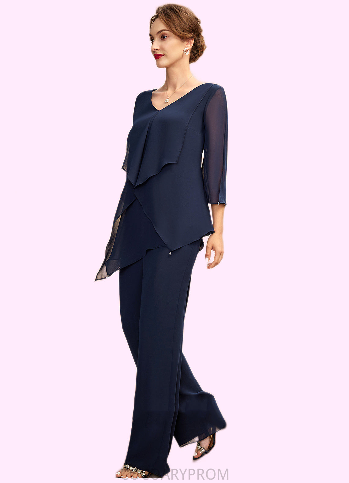 Janae Jumpsuit/Pantsuit V-neck Floor-Length Chiffon Mother of the Bride Dress With Cascading Ruffles DA8126P0015019