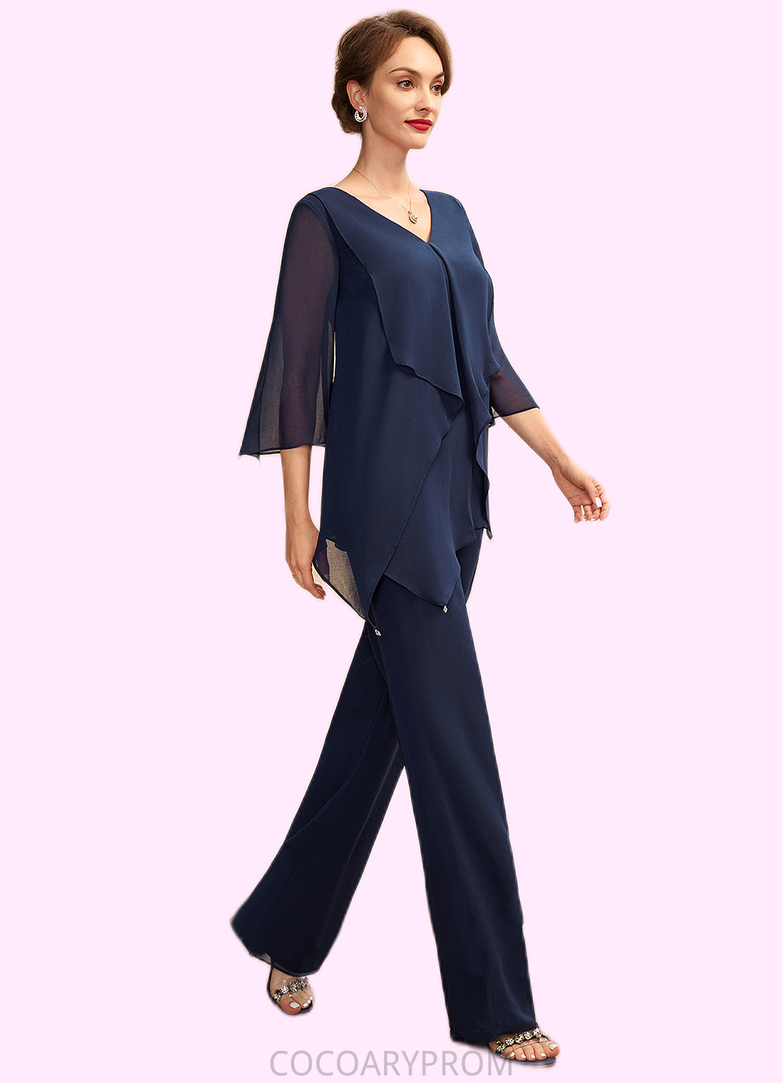 Janae Jumpsuit/Pantsuit V-neck Floor-Length Chiffon Mother of the Bride Dress With Cascading Ruffles DA8126P0015019