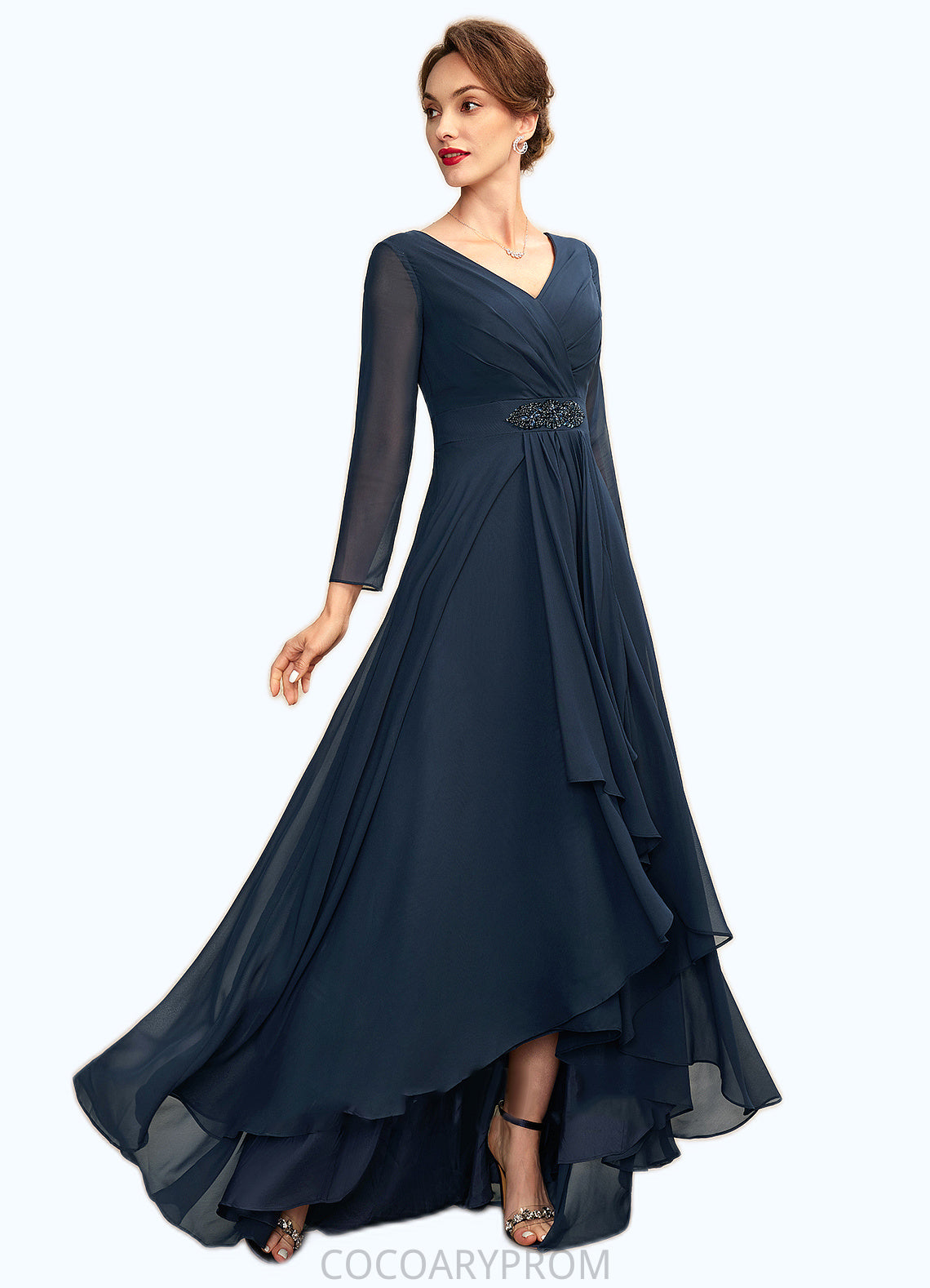 Nevaeh A-Line V-neck Asymmetrical Chiffon Mother of the Bride Dress With Ruffle Beading Bow(s) DA8126P0015021