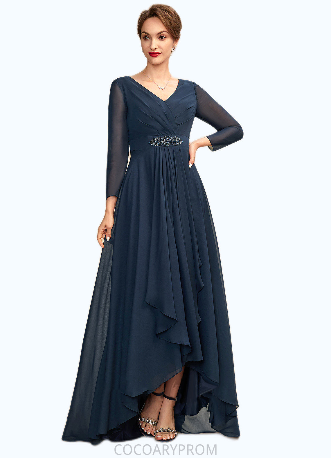 Nevaeh A-Line V-neck Asymmetrical Chiffon Mother of the Bride Dress With Ruffle Beading Bow(s) DA8126P0015021