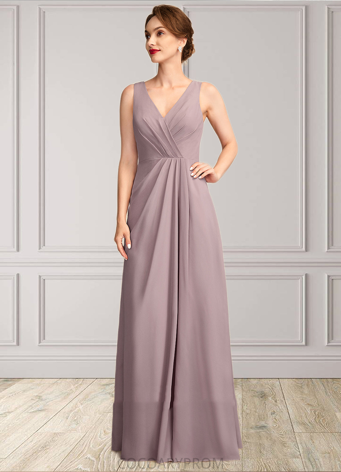 Lily A-Line V-neck Floor-Length Chiffon Mother of the Bride Dress With Ruffle DA8126P0015026