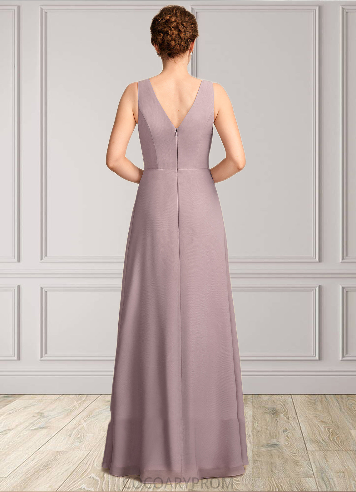 Lily A-Line V-neck Floor-Length Chiffon Mother of the Bride Dress With Ruffle DA8126P0015026