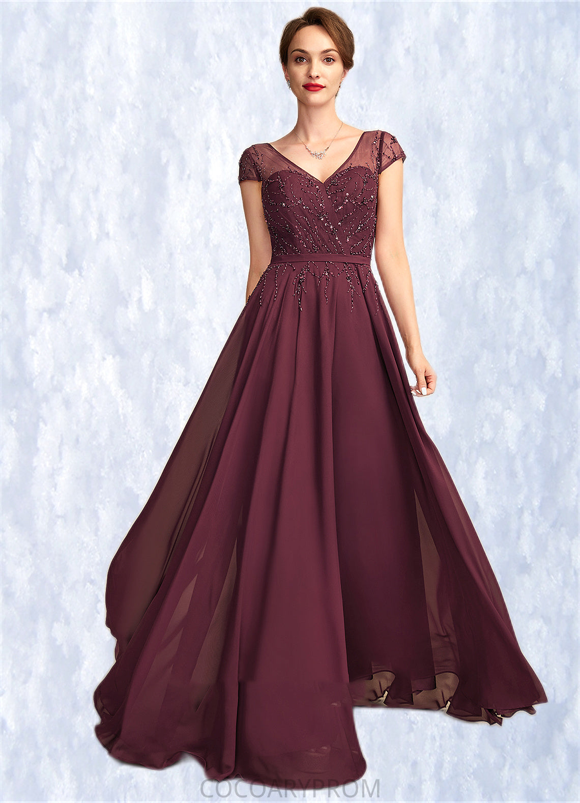 Mylie A-Line V-neck Floor-Length Chiffon Mother of the Bride Dress With Beading Sequins DA8126P0015028