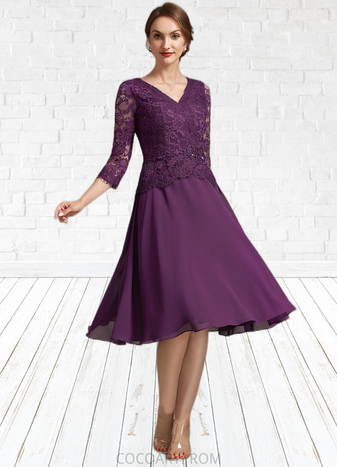 Renee A-Line V-neck Knee-Length Chiffon Lace Mother of the Bride Dress With Beading Sequins DA8126P0015035