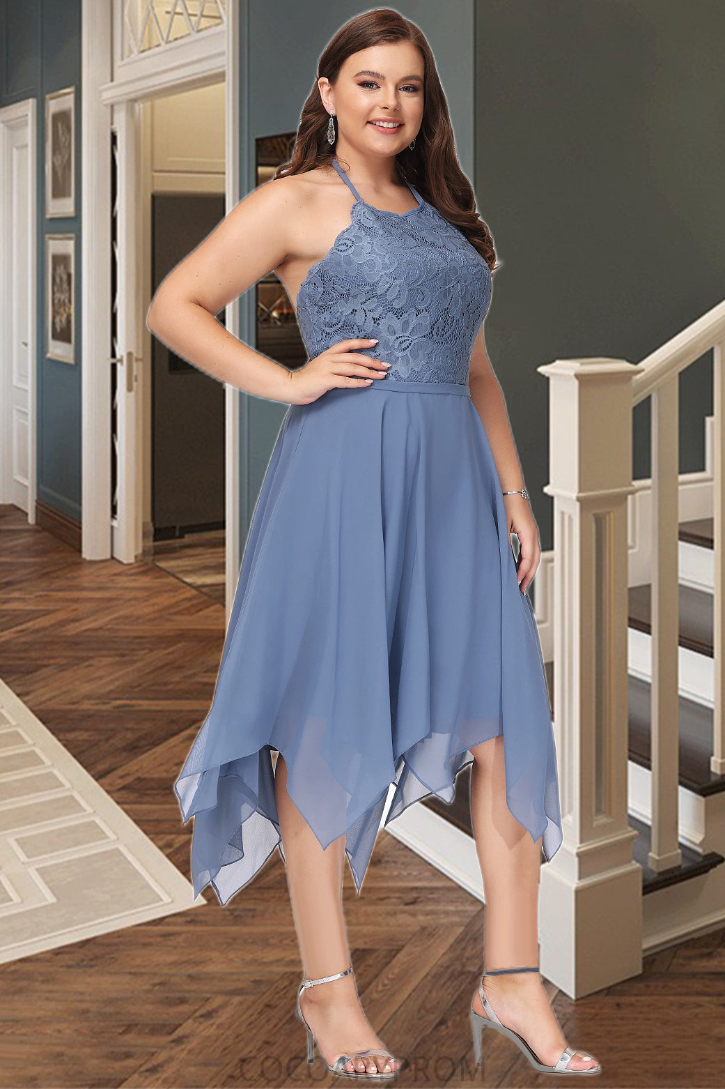 Kaelyn A-line Halter Asymmetrical Chiffon Lace Homecoming Dress DA8P0020561