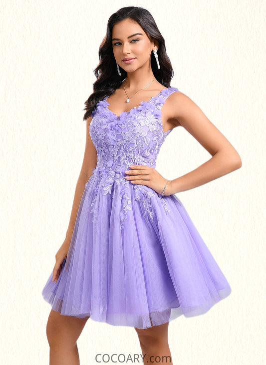 Vivien Ball-Gown/Princess V-Neck Short Lace Tulle Homecoming Dress With Flower DA8P0025656