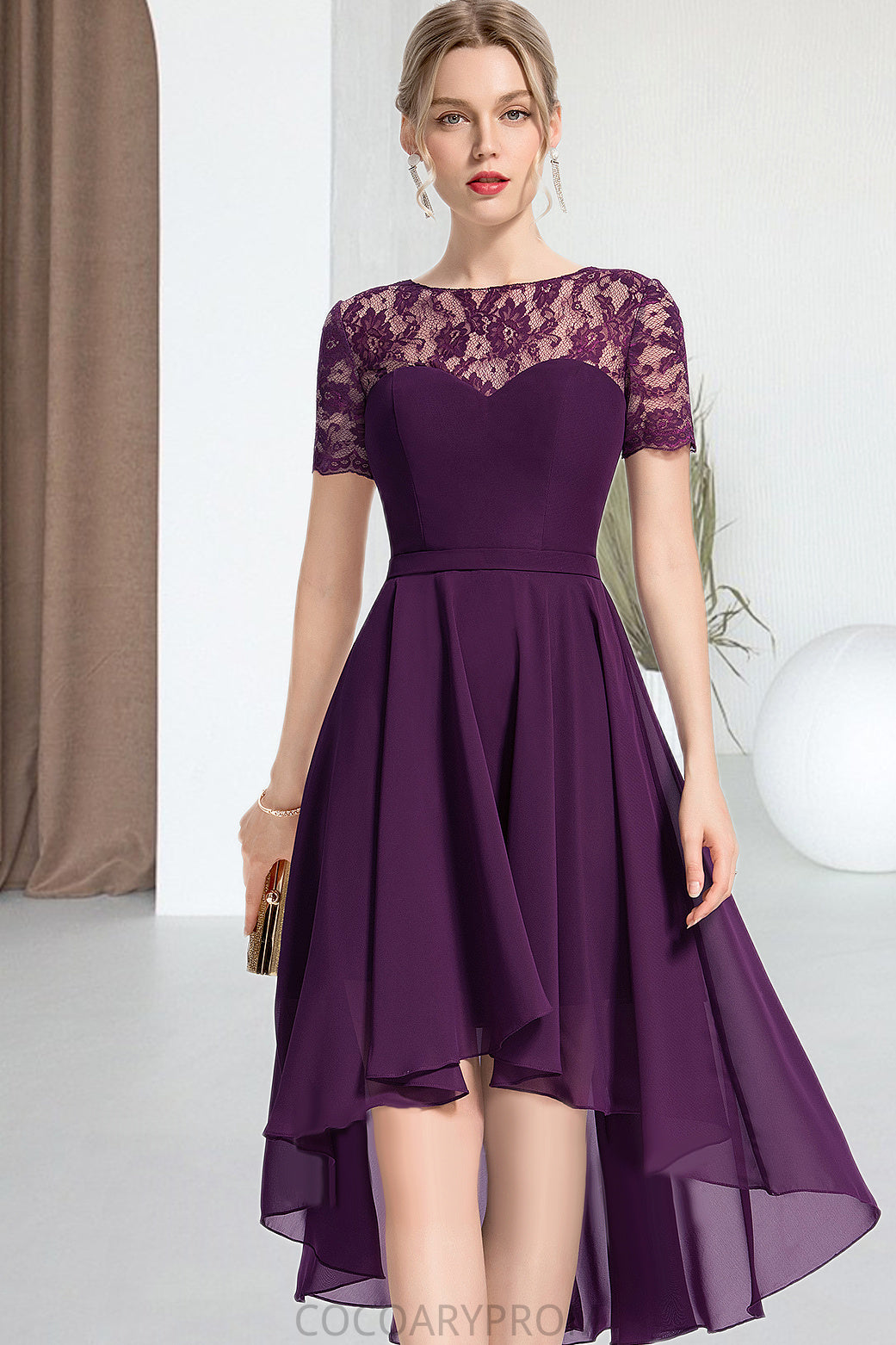 Jade A-line Scoop Asymmetrical Chiffon Lace Homecoming Dress DA8P0020587