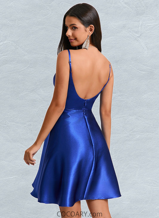 Liz A-line V-Neck Short Stretch Satin Homecoming Dress With Pleated DA8P0025705