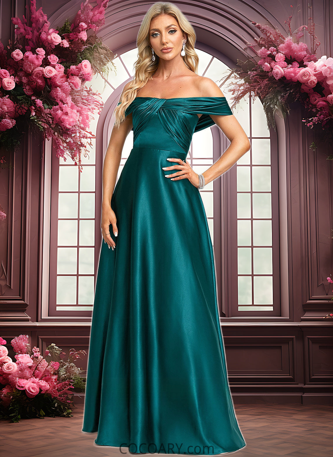 Payten A-line Off the Shoulder Floor-Length Stretch Satin Prom Dresses DA8P0025879