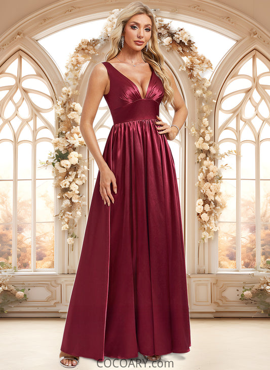 Deborah A-line V-Neck Floor-Length Stretch Satin Bridesmaid Dress DA8P0025771