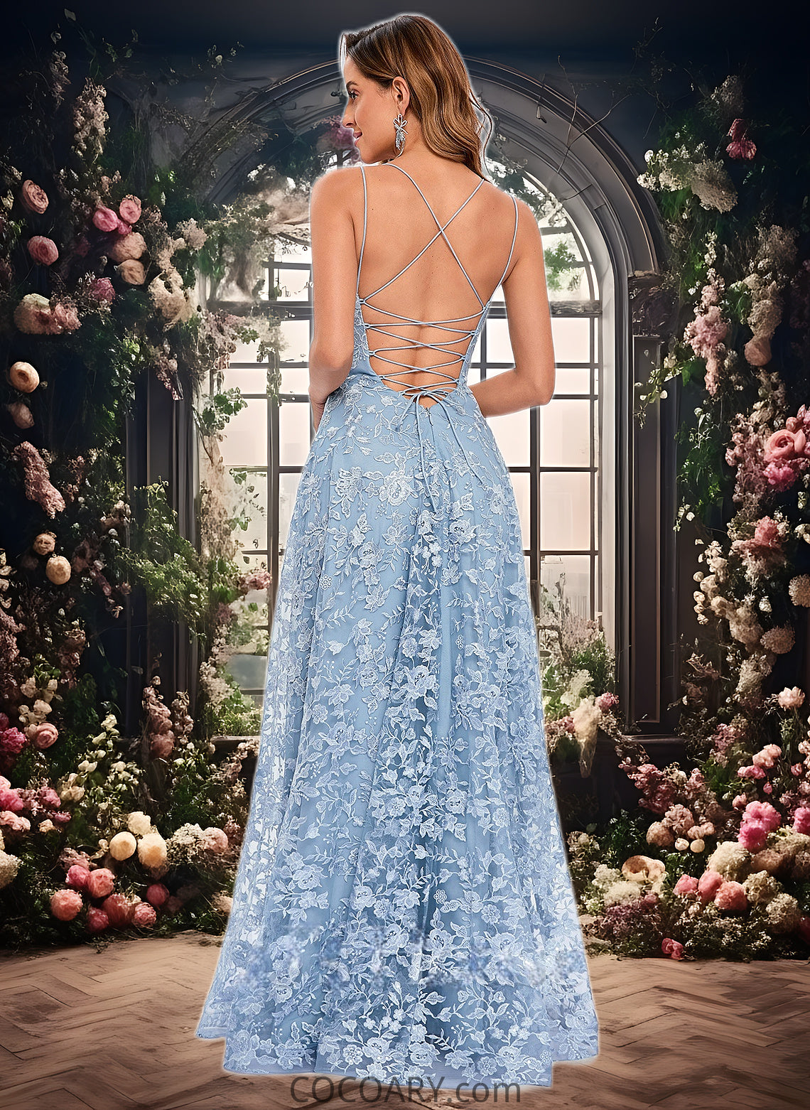 Makena A-line Scoop Floor-Length Lace Floral Prom Dresses DA8P0025847