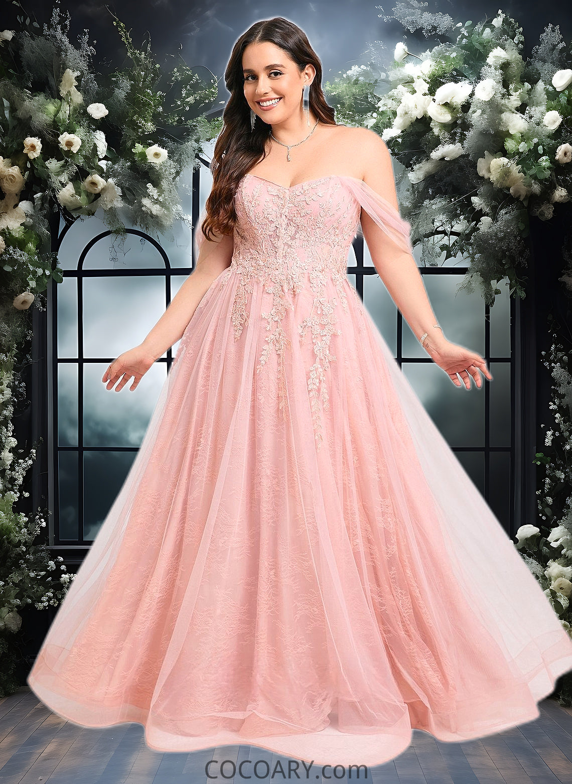 Jazlyn A-line Sweetheart Off the Shoulder Floor-Length Tulle Floral Lace Prom Dresses With Appliques Lace DA8P0025870