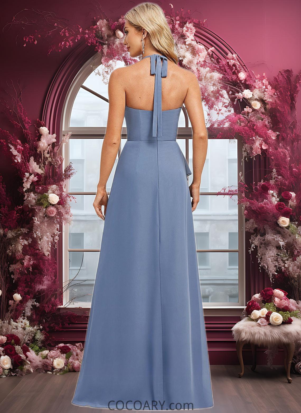 Jessie A-line Halter Floor-Length Chiffon Bridesmaid Dress DA8P0025799