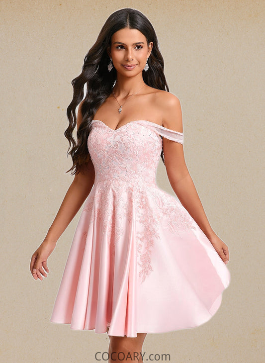 Ariana A-line Off the Shoulder Short Satin Homecoming Dress With Rhinestone Beading Appliques Lace DA8P0025679