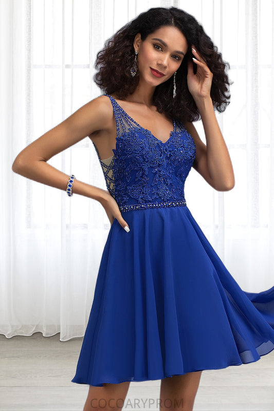 Hailee A-line V-Neck Short/Mini Chiffon Lace Homecoming Dress With Beading DA8P0020563