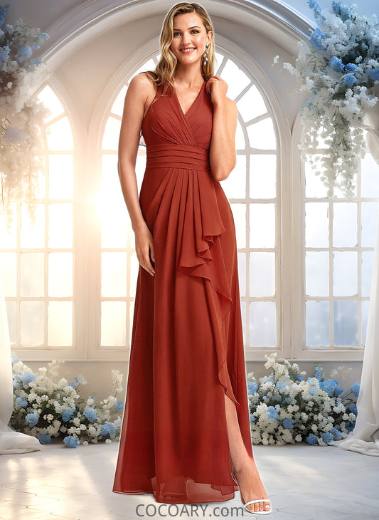 Kaley A-line V-Neck Floor-Length Chiffon Bridesmaid Dress With Ruffle DA8P0025754