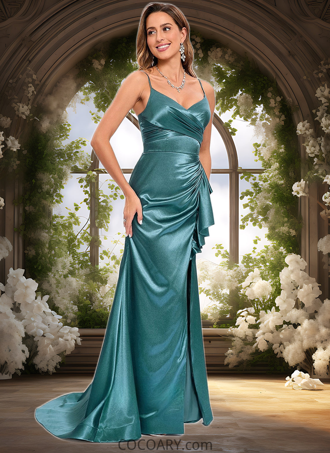 Tiffany Trumpet/Mermaid V-Neck Sweep Train Stretch Satin Prom Dresses DA8P0025855