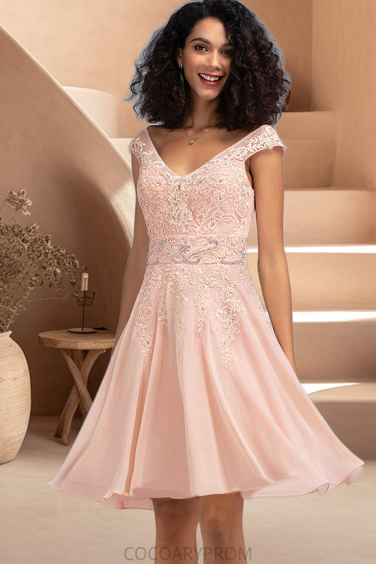 Peyton A-line V-Neck Knee-Length Chiffon Lace Homecoming Dress With Beading DA8P0020565