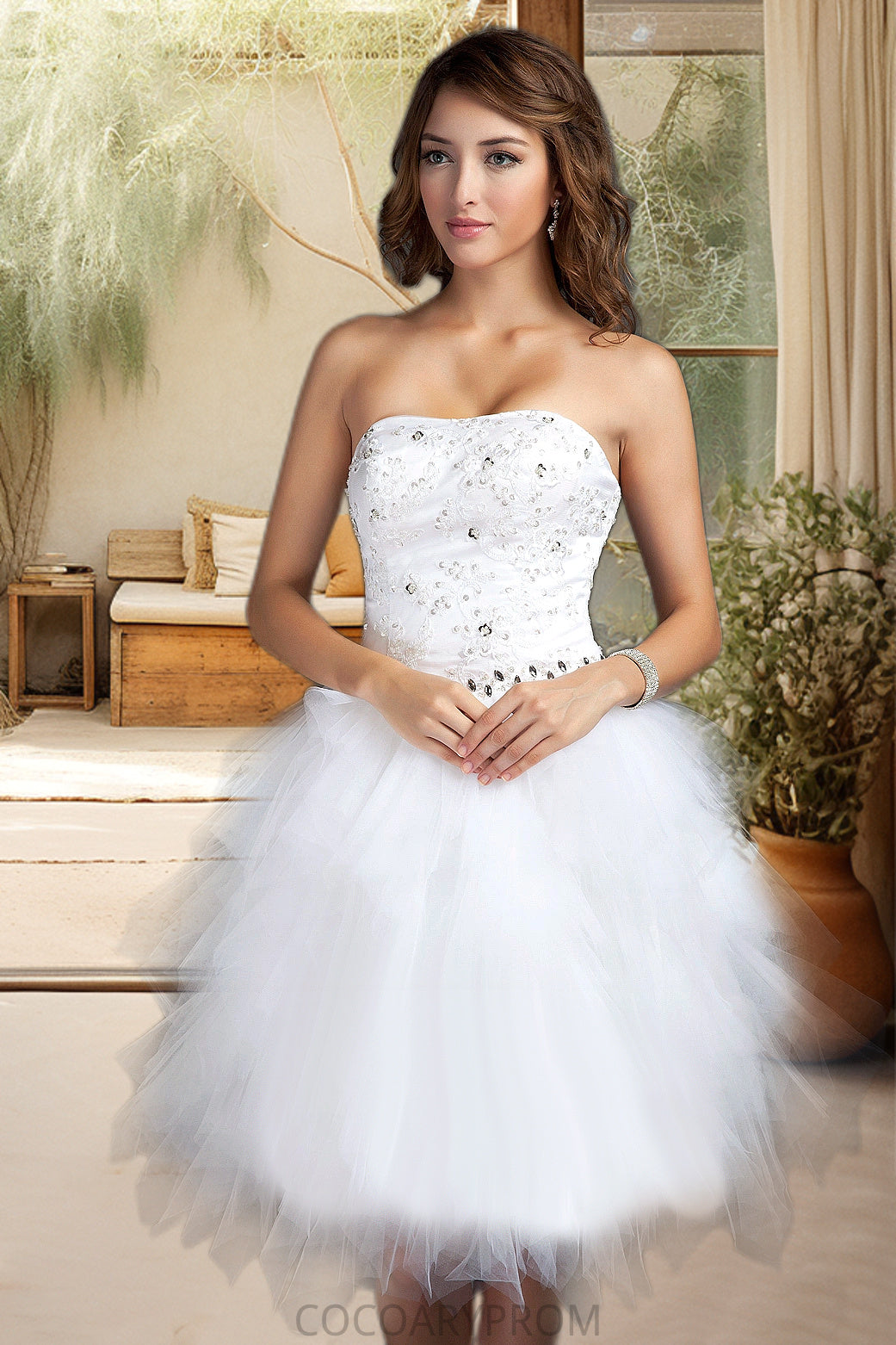 Talia A-line Sweetheart Knee-Length Satin Tulle Homecoming Dress With Beading Cascading Ruffles Appliques Lace Sequins DA8P0020598