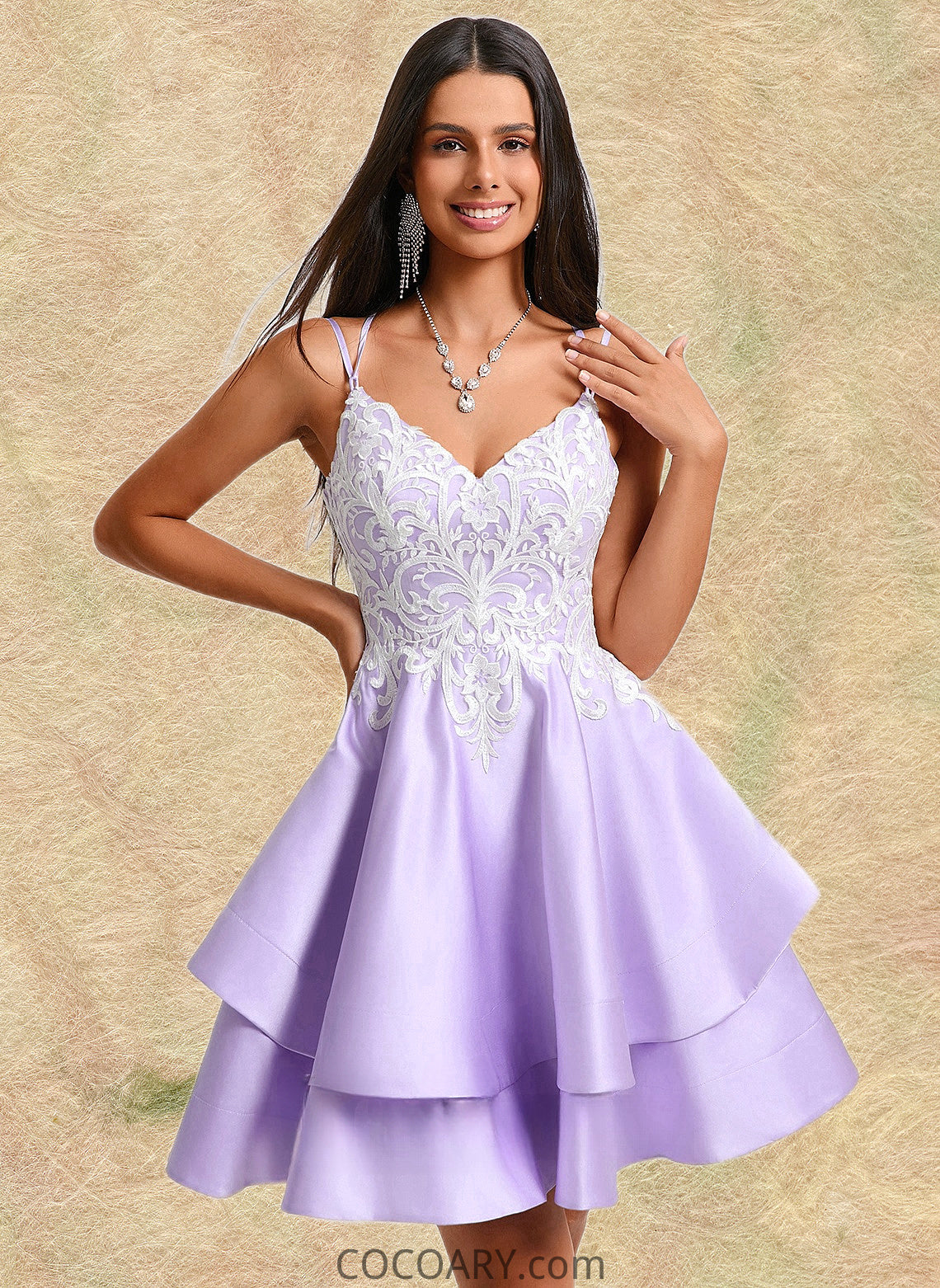 Kaylyn A-line V-Neck Short Satin Homecoming Dress With Appliques Lace DA8P0025696