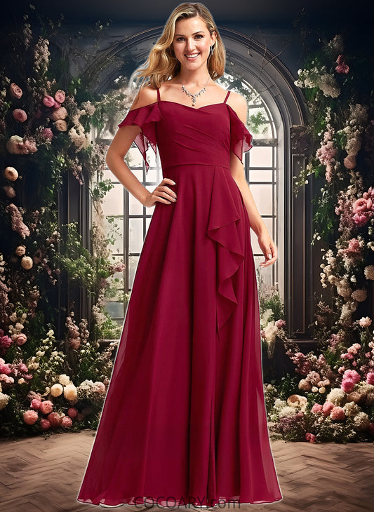 Yesenia A-line Cold Shoulder Floor-Length Chiffon Bridesmaid Dress With Ruffle DA8P0025755