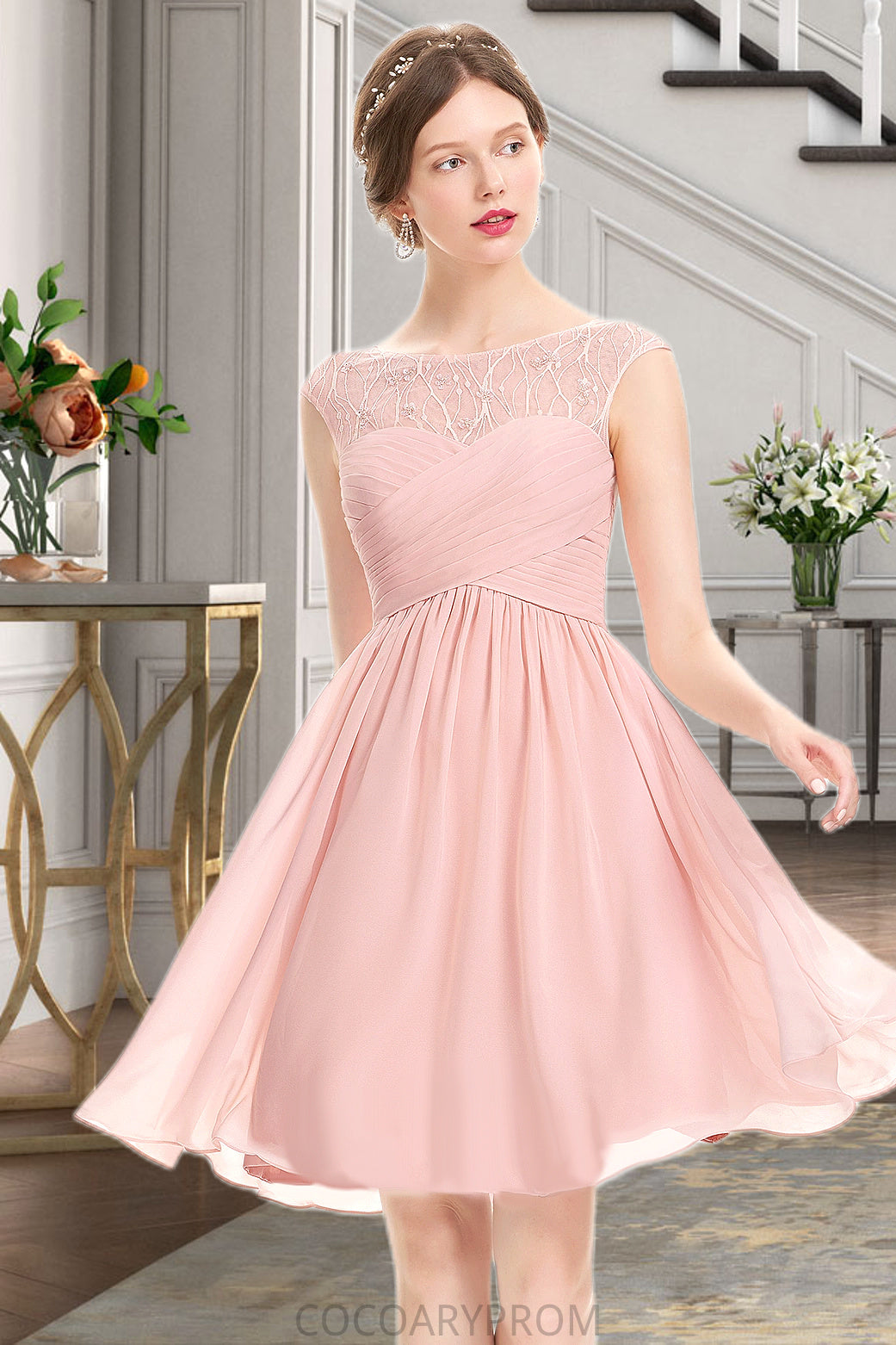 Emmalee A-line Scoop Knee-Length Chiffon Tulle Homecoming Dress With Beading Ruffle DA8P0020594