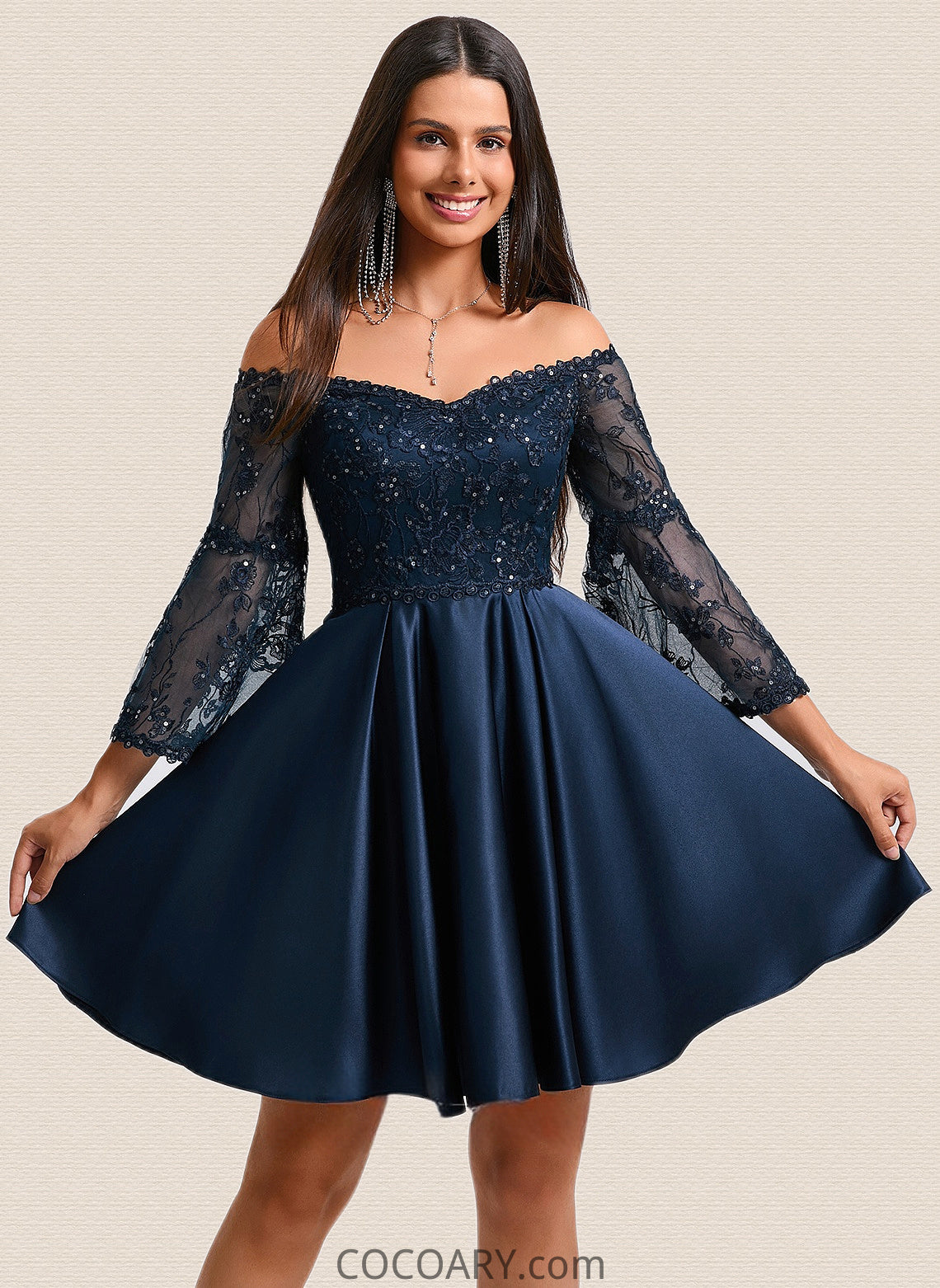 Jordyn A-line Off the Shoulder Short Satin Homecoming Dress With Sequins DA8P0025651