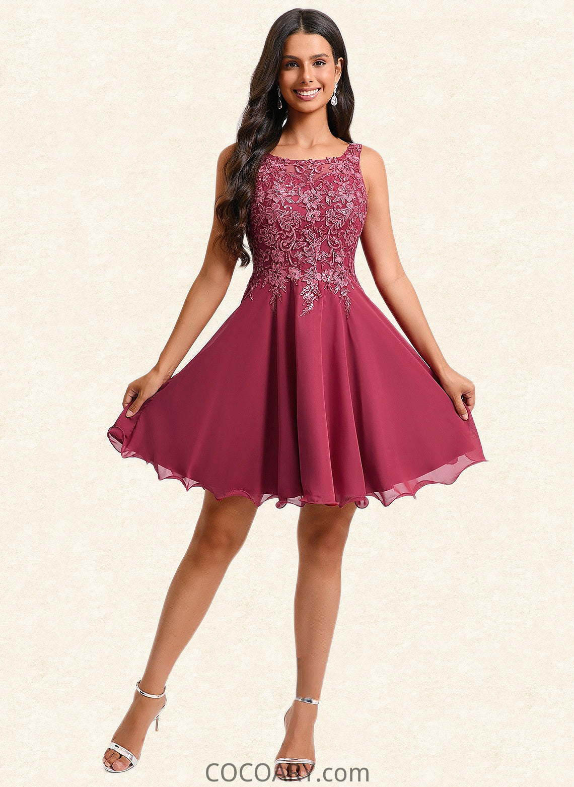 Judy A-line Scoop Short Chiffon Homecoming Dress With Sequins Appliques Lace DA8P0025681