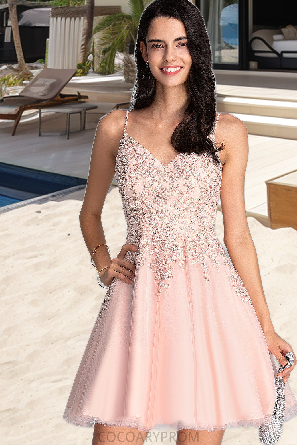 Naomi A-line V-Neck Short/Mini Tulle Homecoming Dress With Beading DA8P0020538