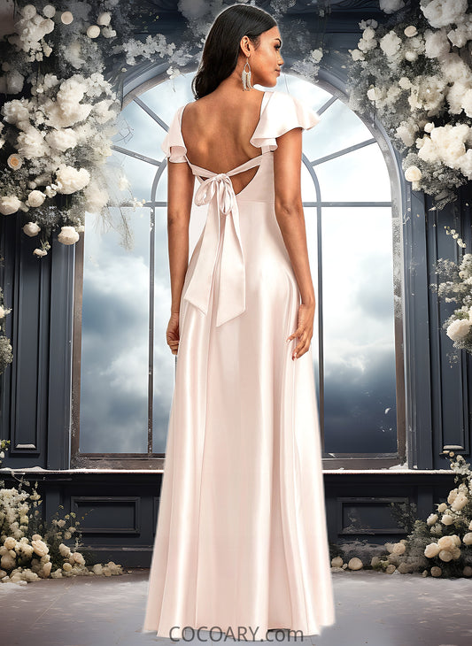 Izabella A-line V-Neck Floor-Length Stretch Satin Bridesmaid Dress With Bow DA8P0025759