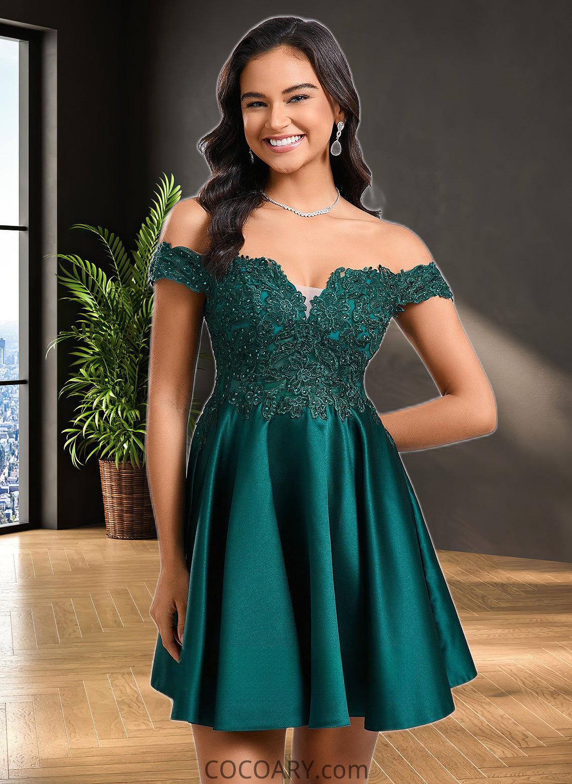 Dixie A-line Off the Shoulder Short Lace Satin Homecoming Dress With Rhinestone DA8P0025718