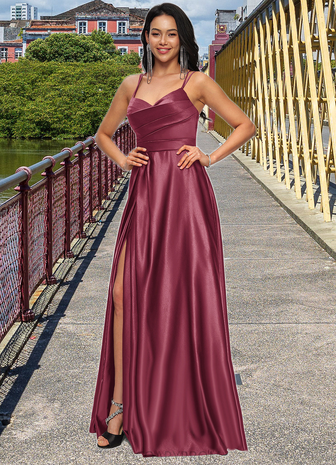 Greta A-line V-Neck Floor-Length Satin Prom Dresses DA8P0022197