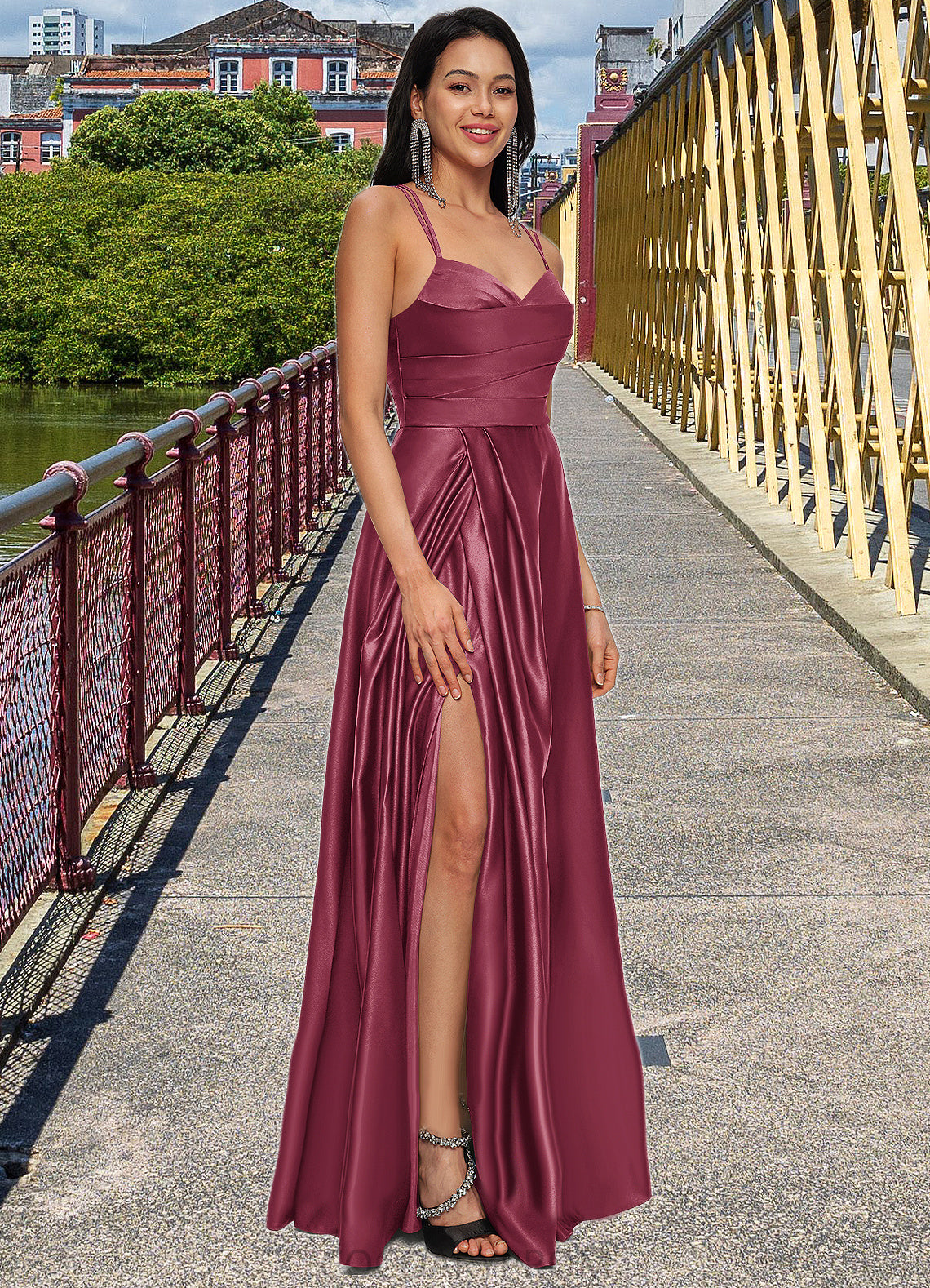 Greta A-line V-Neck Floor-Length Satin Prom Dresses DA8P0022197