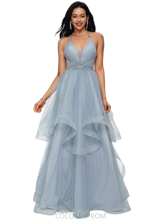 Mimi Ball-Gown/Princess Halter V-Neck Floor-Length Tulle Prom Dresses With Beading Rhinestone Sequins DA8P0022199