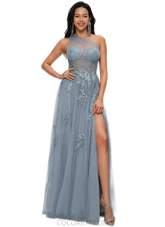 Denisse A-line One Shoulder Floor-Length Tulle Prom Dresses With Appliques Lace Sequins DA8P0022200