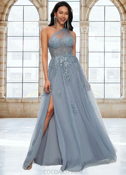 Ariella A-line One Shoulder Floor-Length Tulle Prom Dresses With Appliques Lace Sequins DA8P0022200