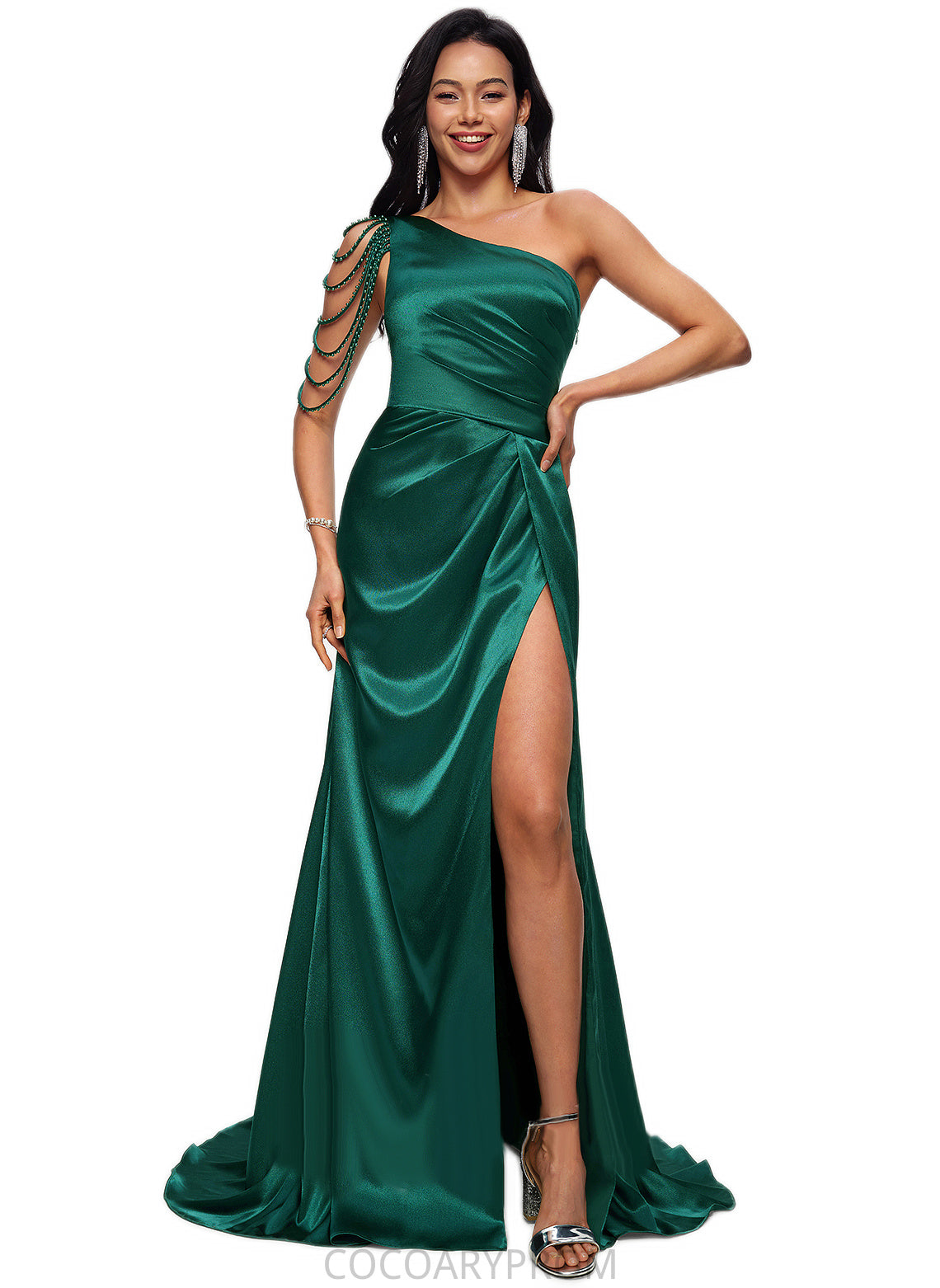 Ashley Trumpet/Mermaid One Shoulder Sweep Train Stretch Satin Prom Dresses With Beading DA8P0022205