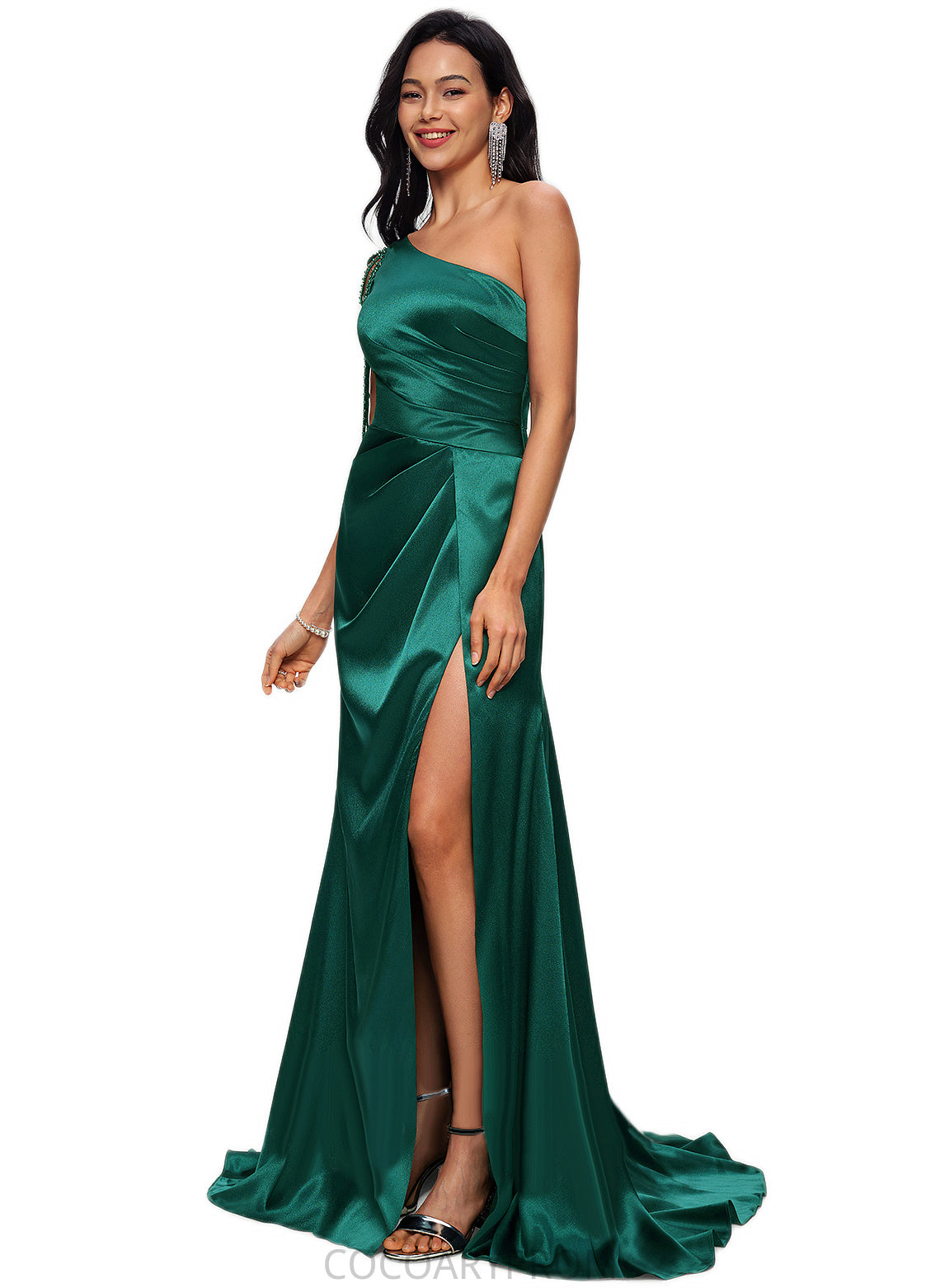 Ashley Trumpet/Mermaid One Shoulder Sweep Train Stretch Satin Prom Dresses With Beading DA8P0022205