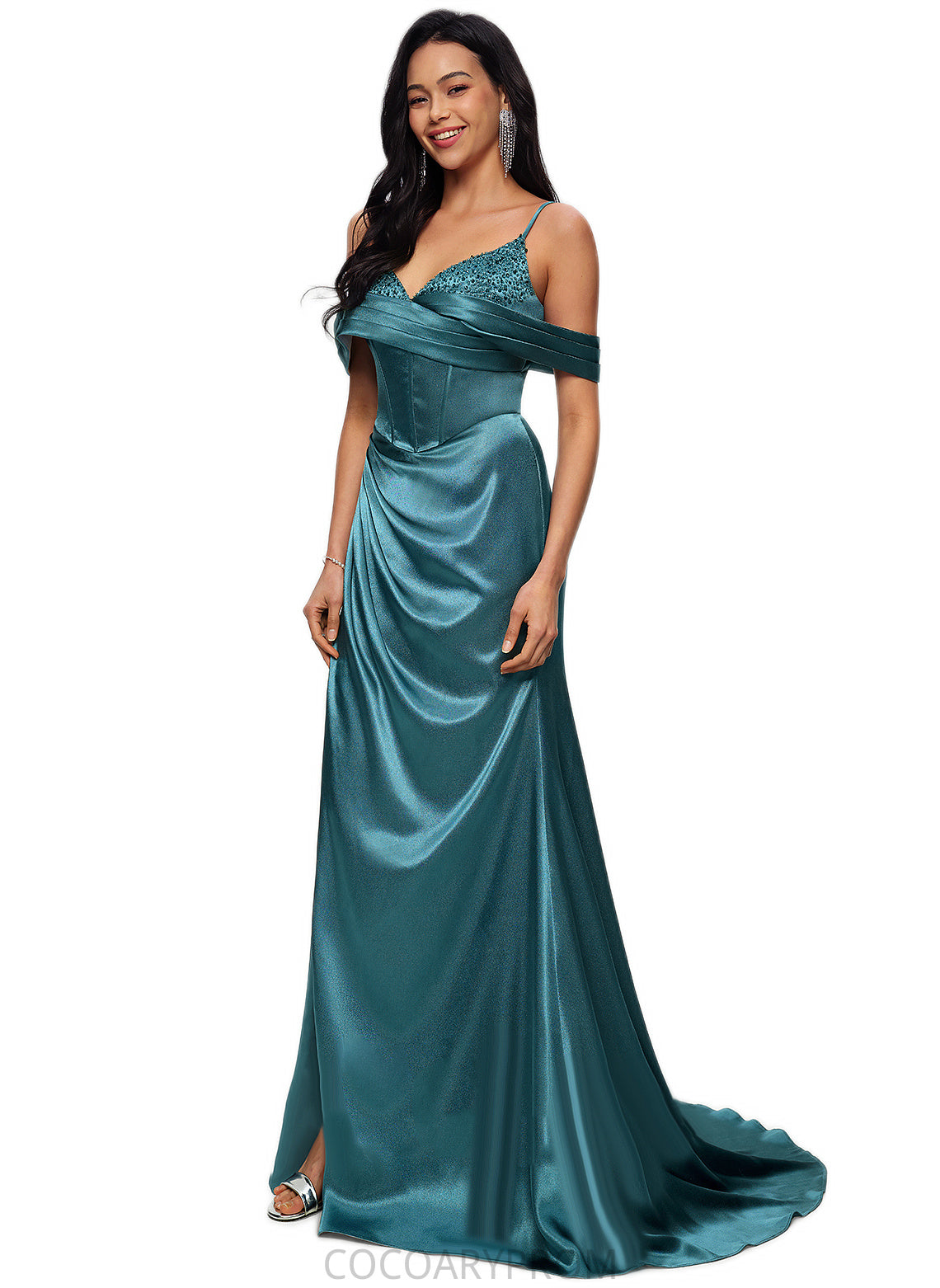 Julissa Trumpet/Mermaid V-Neck Sweep Train Stretch Satin Prom Dresses With Beading Rhinestone Sequins DA8P0022213