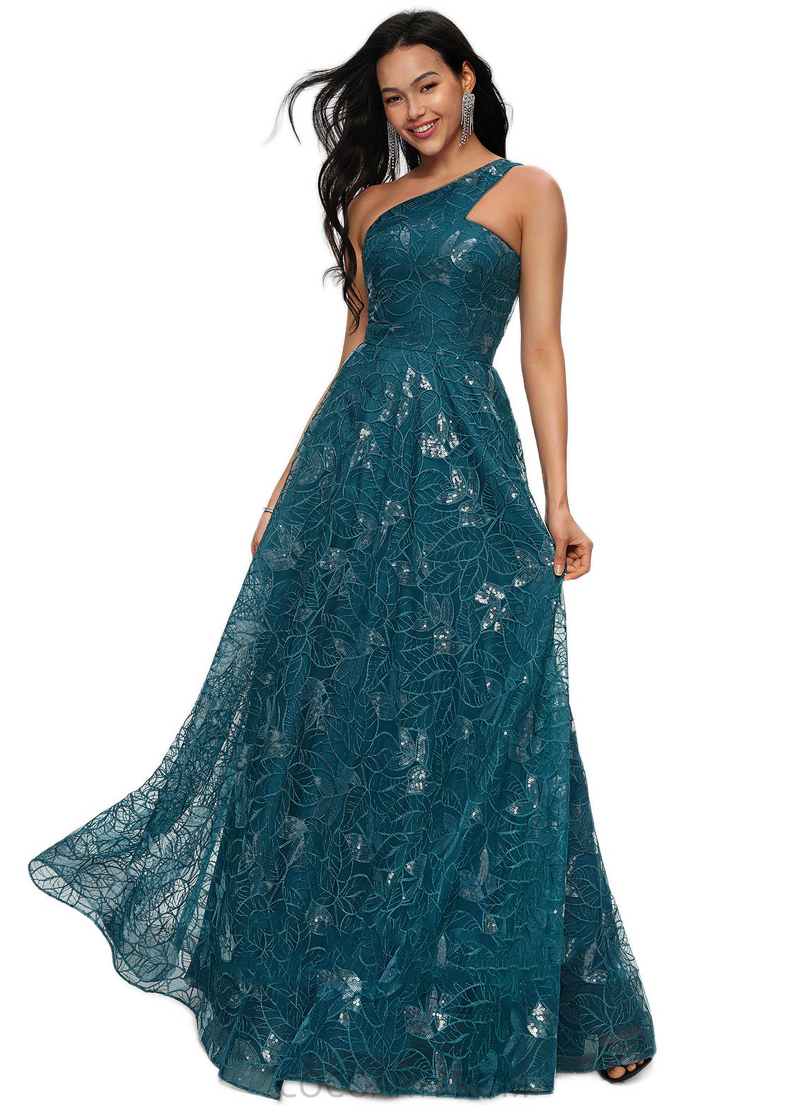 Melina A-line Asymmetrical Floor-Length Lace Prom Dresses With Sequins DA8P0022219